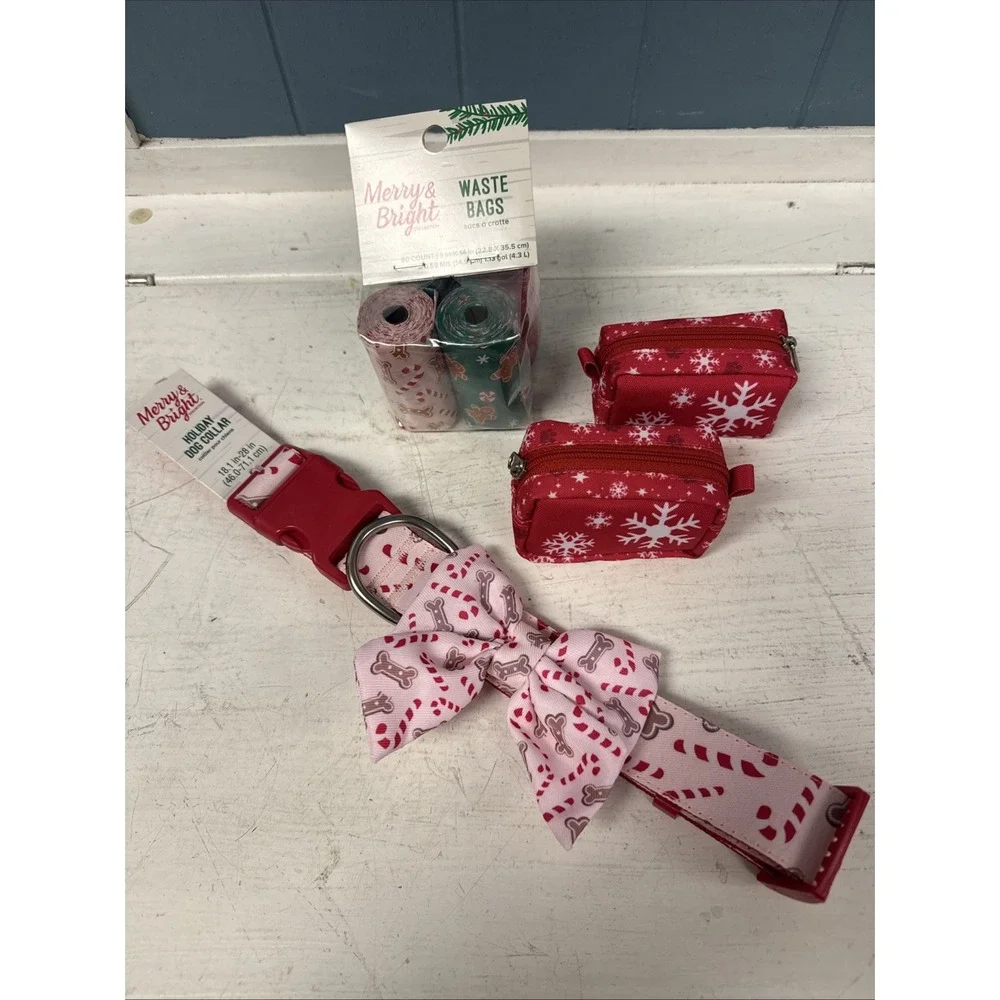 LOT Merry Bright Holiday Dog Collar Waste Bags and Holders‎ Christmas XL 18-28